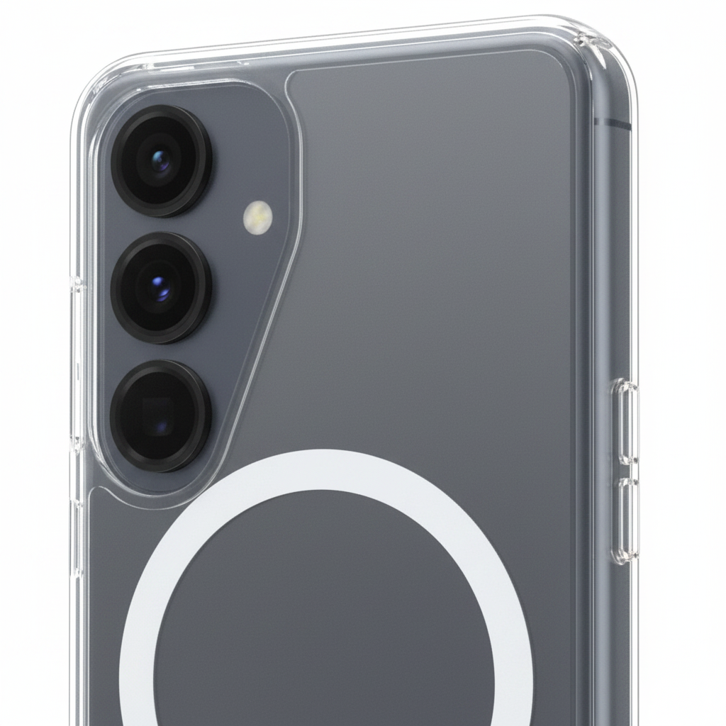 OtterBox Symmetry Clear Magnet S25 – Detailansicht Qi2 Magnet-Ring und verstärkte Ecke