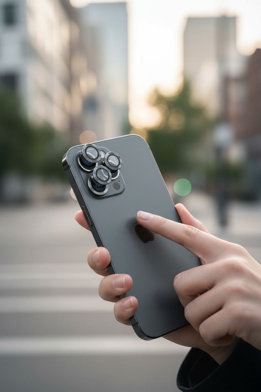 OKKES Linsenschutz iPhone 17 – Lifestyle Hand beim Fotografieren