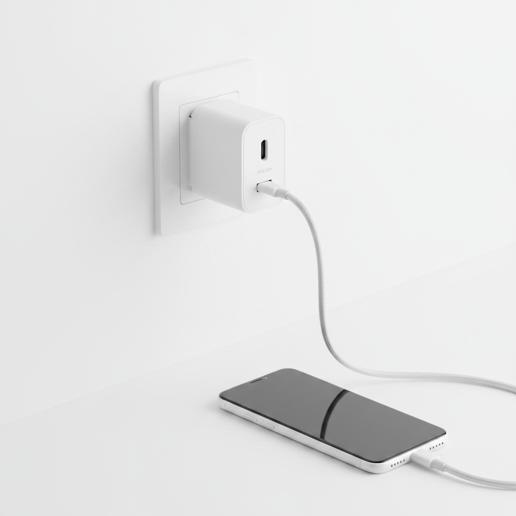anco 30W GaN USB-C Ladegerät – 3/4 Ansicht eingesteckt