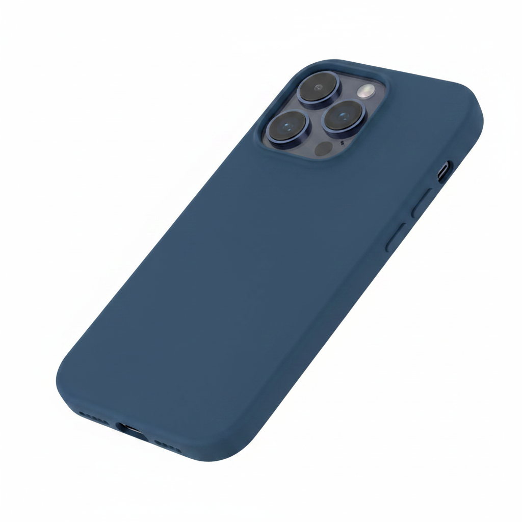 Schrägansicht des anco Liquid Silicone Case Blau für iPhone 14 Pro – schlankes Profil