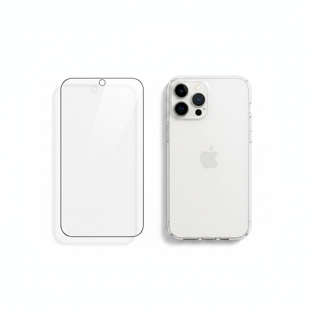 Bundle: Star Case Panzerglas und transparente Hülle für iPhone 15 Pro als Flat Lay