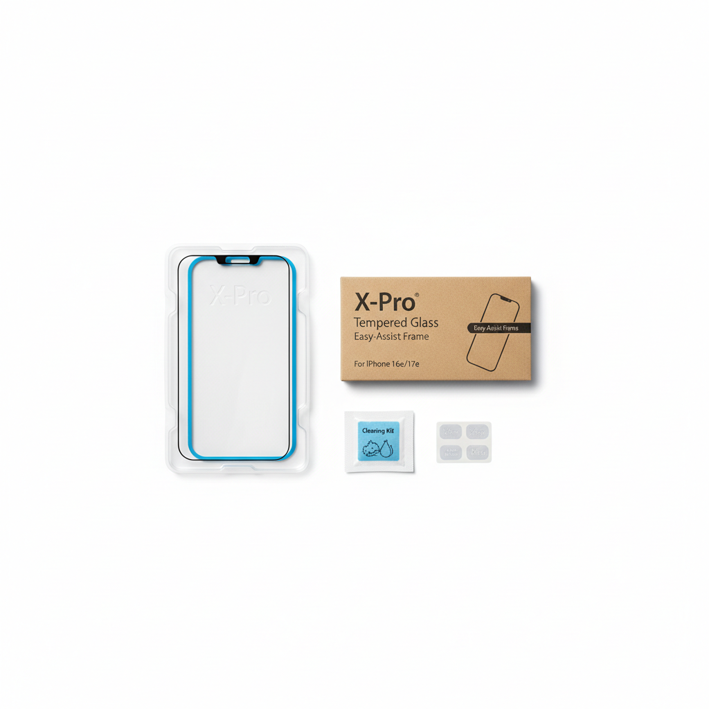 4smarts Second Glass X-Pro Clear iPhone 16e 17e – Lieferumfang Flat Lay