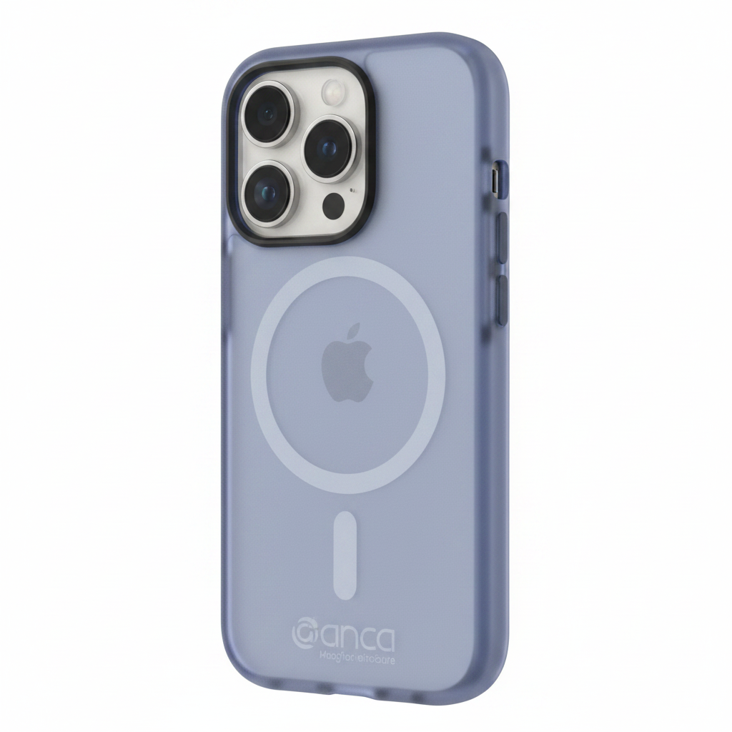Frosted Blue iPhone 15 Pro MagSafe Hülle – 3/4 Ansicht mit iPhone
