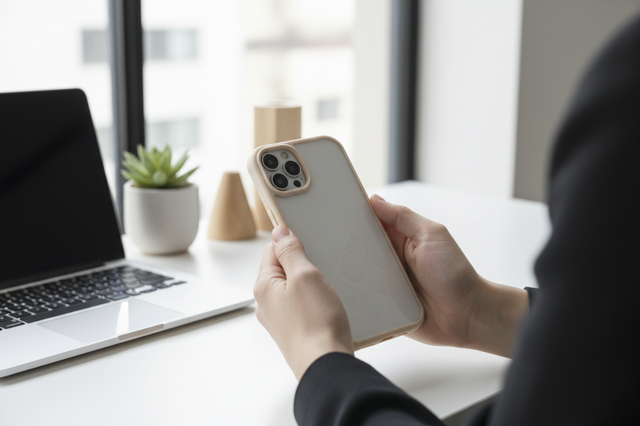 Person hält iPhone 14 Plus mit Spigen Ultra Hybrid Case in Sand Beige