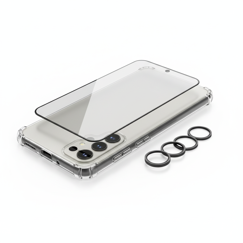 CARE 3-in-1 Bundle Samsung Galaxy S25 Ultra – Hauptbild Hülle Panzerglas Kameraschutz weißer Hintergrund