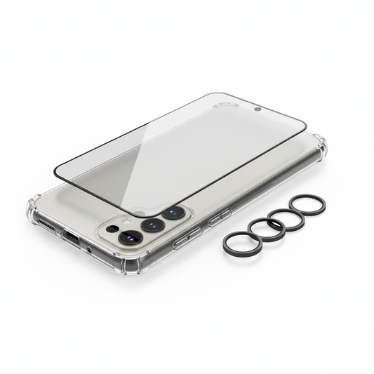 CARE 3-in-1 Bundle Samsung Galaxy S25 Ultra – Hauptbild Hülle Panzerglas Kameraschutz weißer Hintergrund