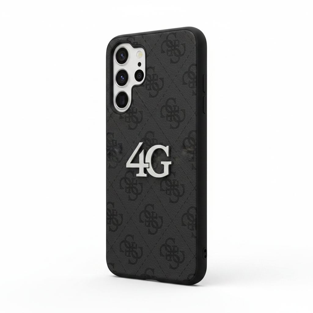 Guess 4G Logo Classic Case S26 Ultra Schwarz – Schrägansicht schlankes Profil Kameraausschnitt