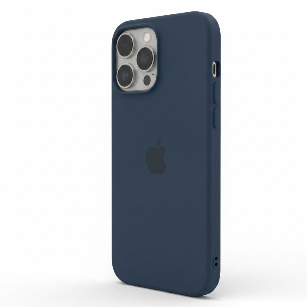 Dunkelblau Liquid Silicone iPhone 15 Pro Max Hülle – 3/4 Ansicht mit iPhone