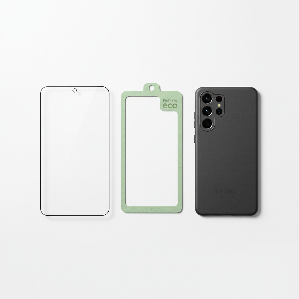 DISPLEX Real Glass Galaxy S25 Ultra – Bundle Flat Lay mit EASY-ON Rahmen und Hülle