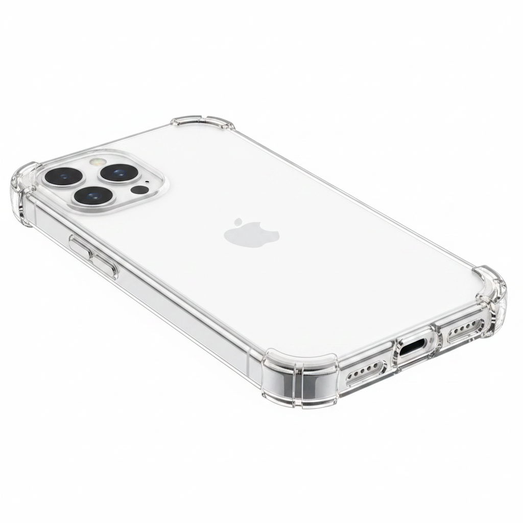 Nahaufnahme der verstärkten Ecken und Aussparungen der transparenten TPU Hülle für iPhone 14