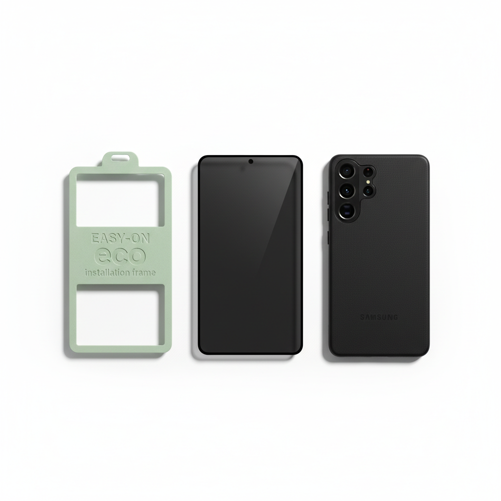 DISPLEX Privacy Glass Galaxy S25 Ultra – Bundle Flat Lay mit EASY-ON Rahmen und Hülle