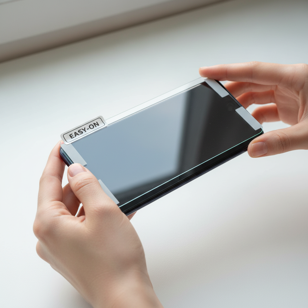 Anwendungsbild – Panzerglas wird auf Galaxy A35 aufgelegt