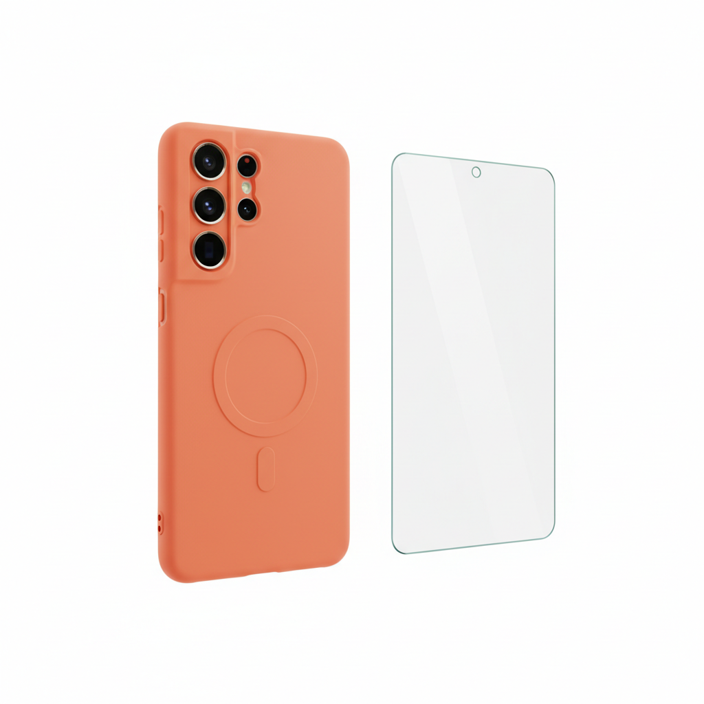 Samsung Galaxy S26 Ultra Coral Orange Silicone MagSafe Case Bundle mit Panzerglas