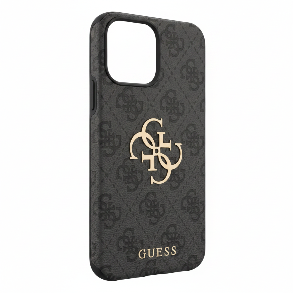 Schrägansicht des Guess PU 4G Metal Logo Case in Grau für iPhone 14 Pro Max
