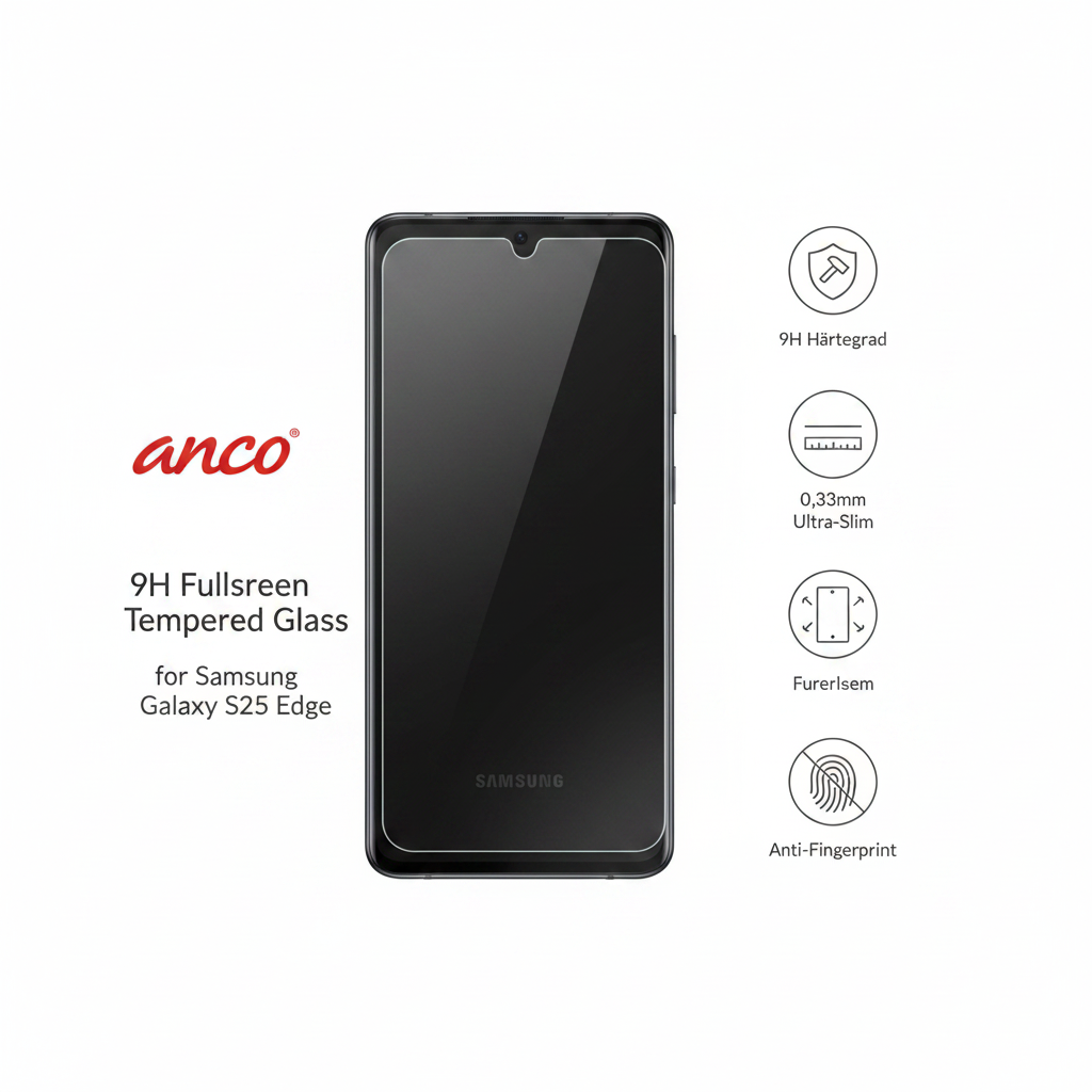 anco Panzerglas Samsung S25 Edge – Features: 9H, 0,33mm, Fullscreen, Anti-Fingerprint