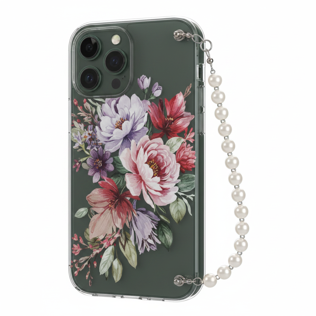 Guess IML Flowers Strap MagSafe Case iPhone 17 – Seitenansicht Strap-Detail