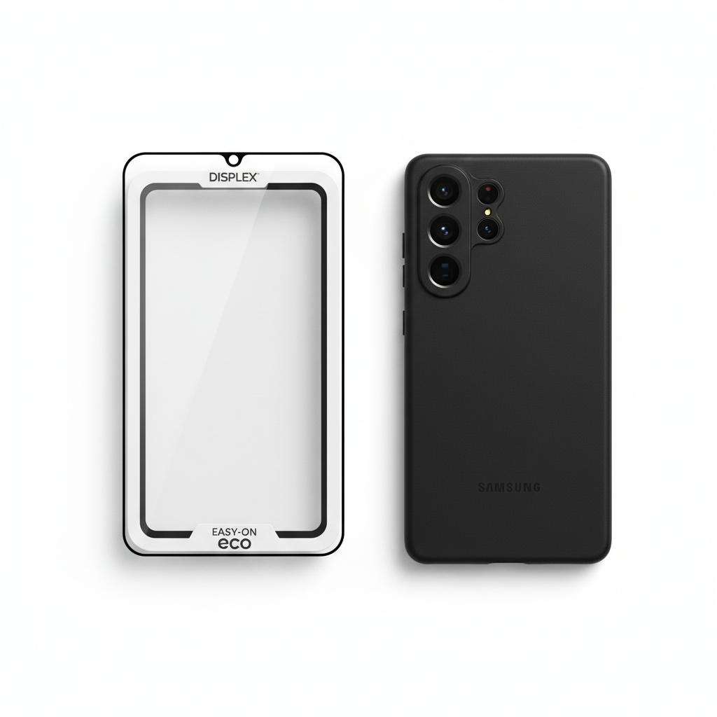 DISPLEX Premium Glass FCAR Galaxy S25 Ultra – Bundle Flat Lay mit EASY-ON Rahmen und Hülle