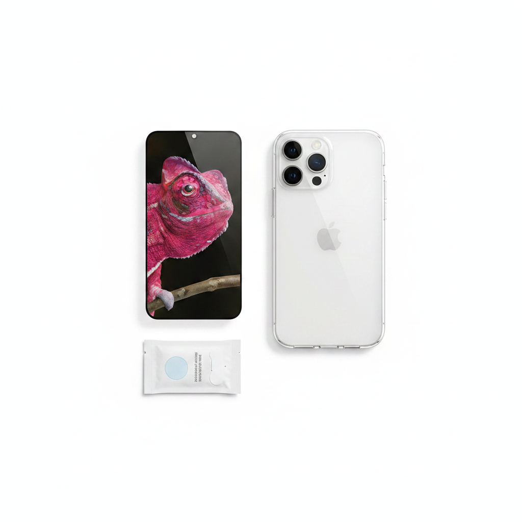 Bundle: anco Fullscreen Panzerglas, transparente Hülle und Montageset für iPhone 14 Plus als Flat Lay