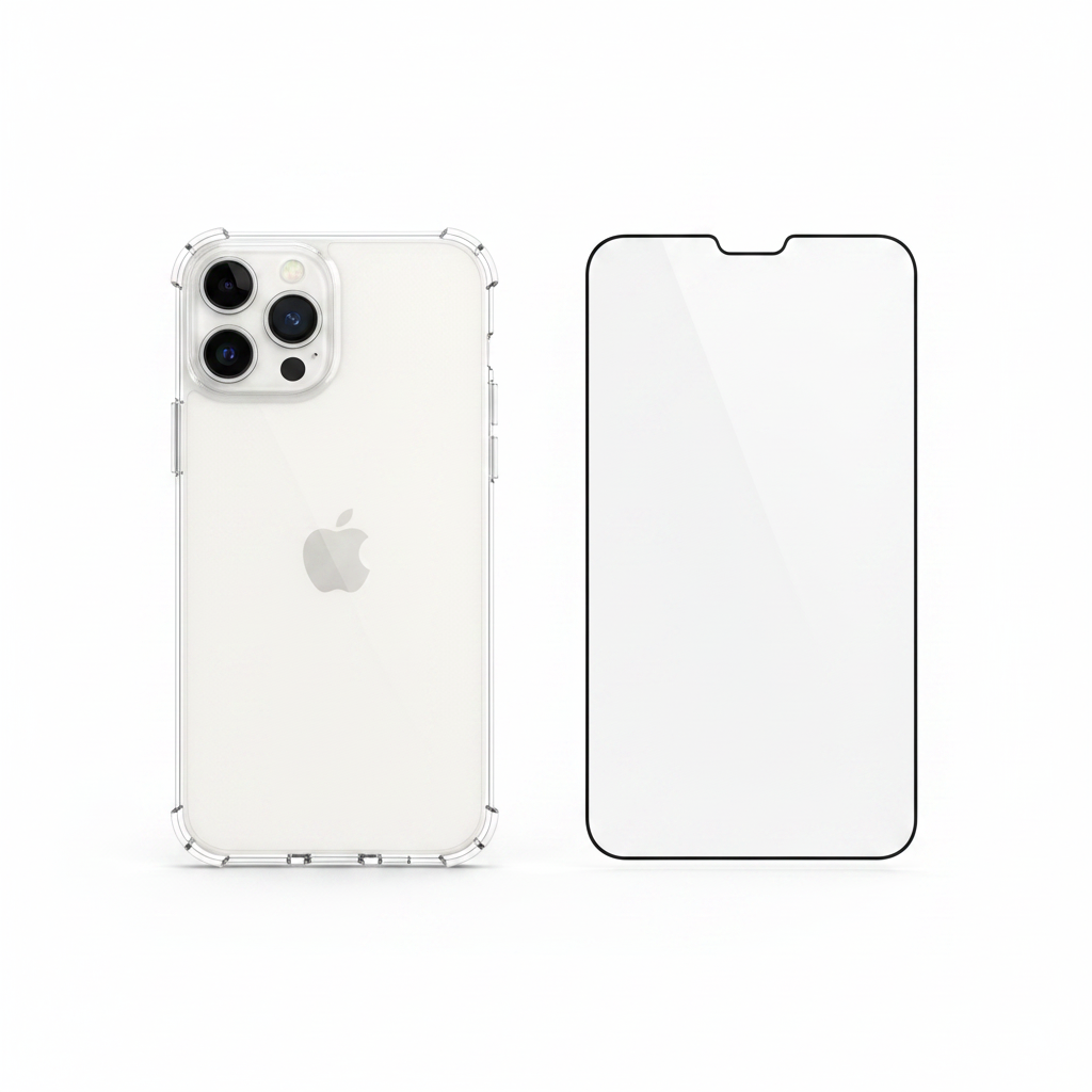Bundle: Transparente iPhone 14 Hülle und Panzerglas von anco als Flat Lay
