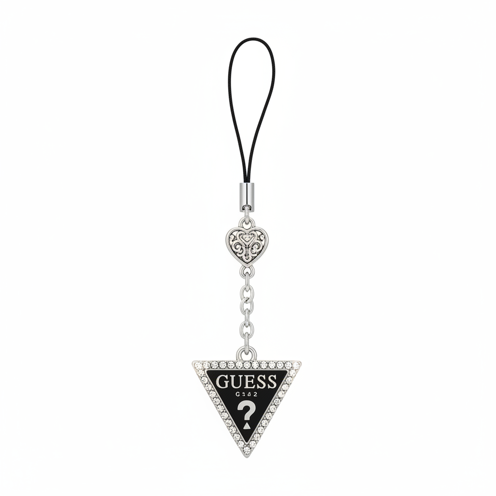 Guess Triangle Phone Charm mit Strass-Kristallen und Metall Guess Logo – ohne Verpackung