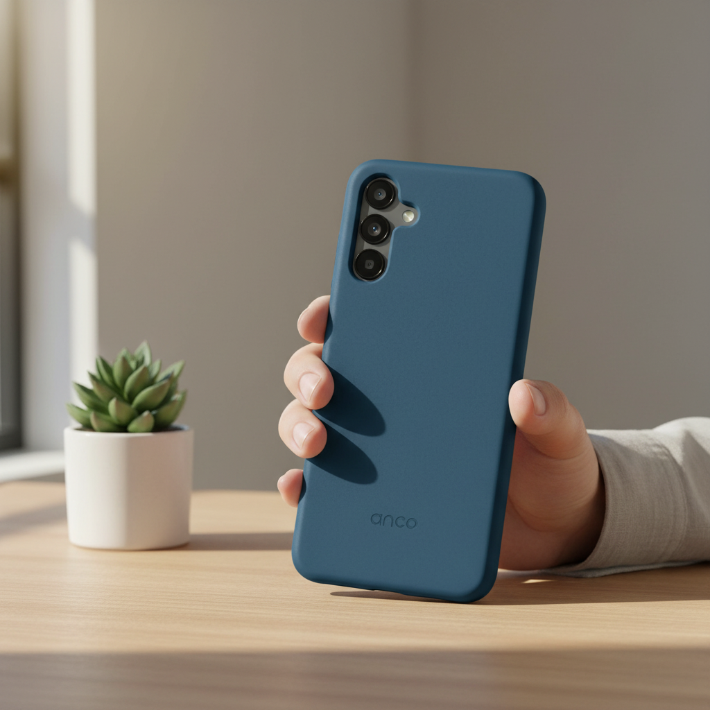 anco Bioly Case Galaxy A15 5G – Lifestyle Rückansicht nachhaltige Hülle in der Hand