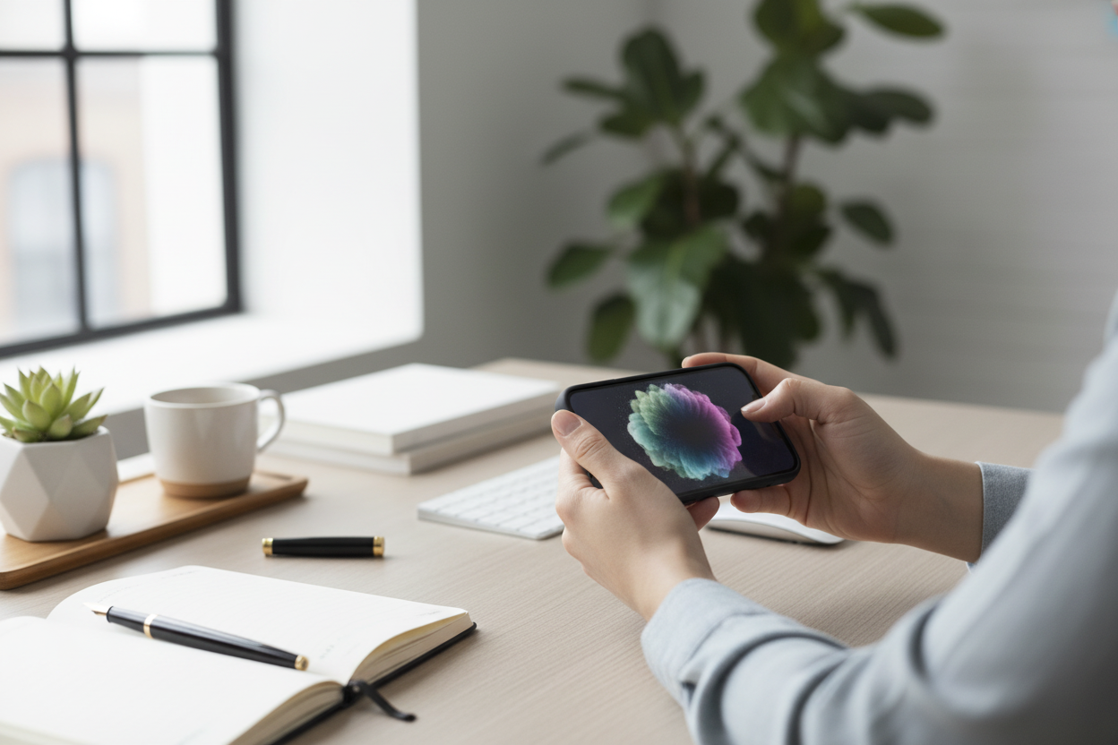 Person hält iPhone 14 Plus mit schwarzem Spigen Thin Fit Case am modernen Arbeitsplatz