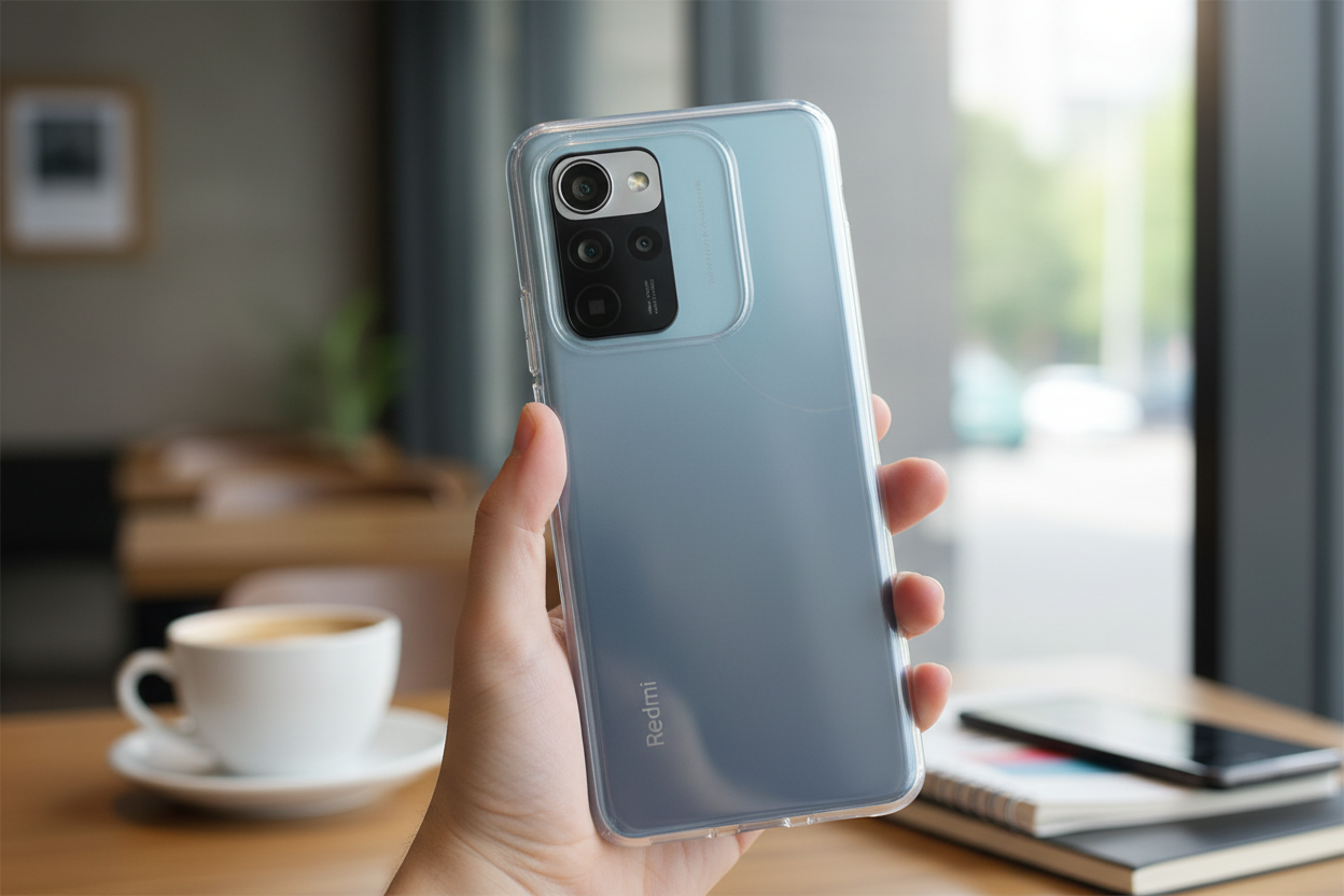 Xiaomi Redmi Note 14 5G mit transparenter anco Hülle in der Hand