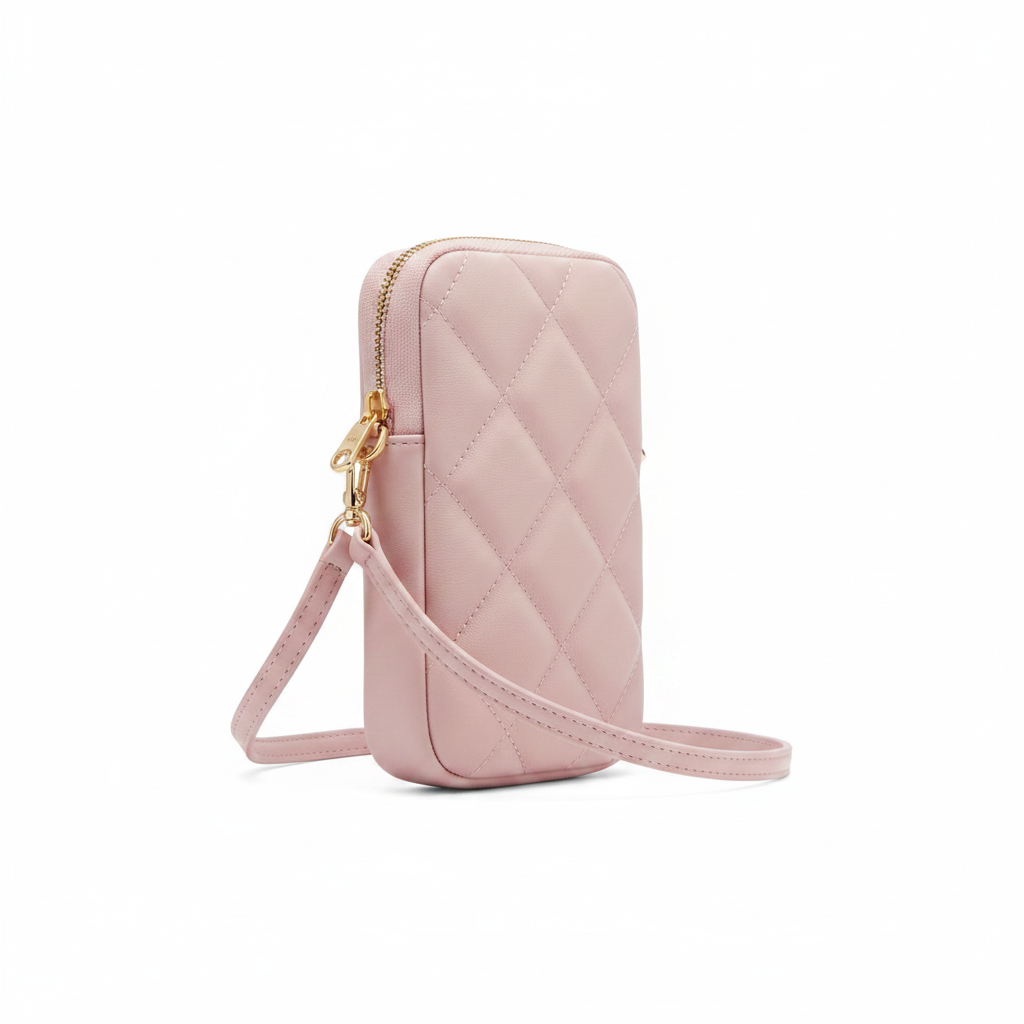 Schrägansicht der rosa Guess Phone Bag mit Crossbody-Gurt und schlankem Profil