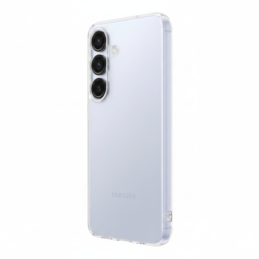 Samsung Clear Case Galaxy S25 – Schrägansicht Rück- und Seitenprofil transparent