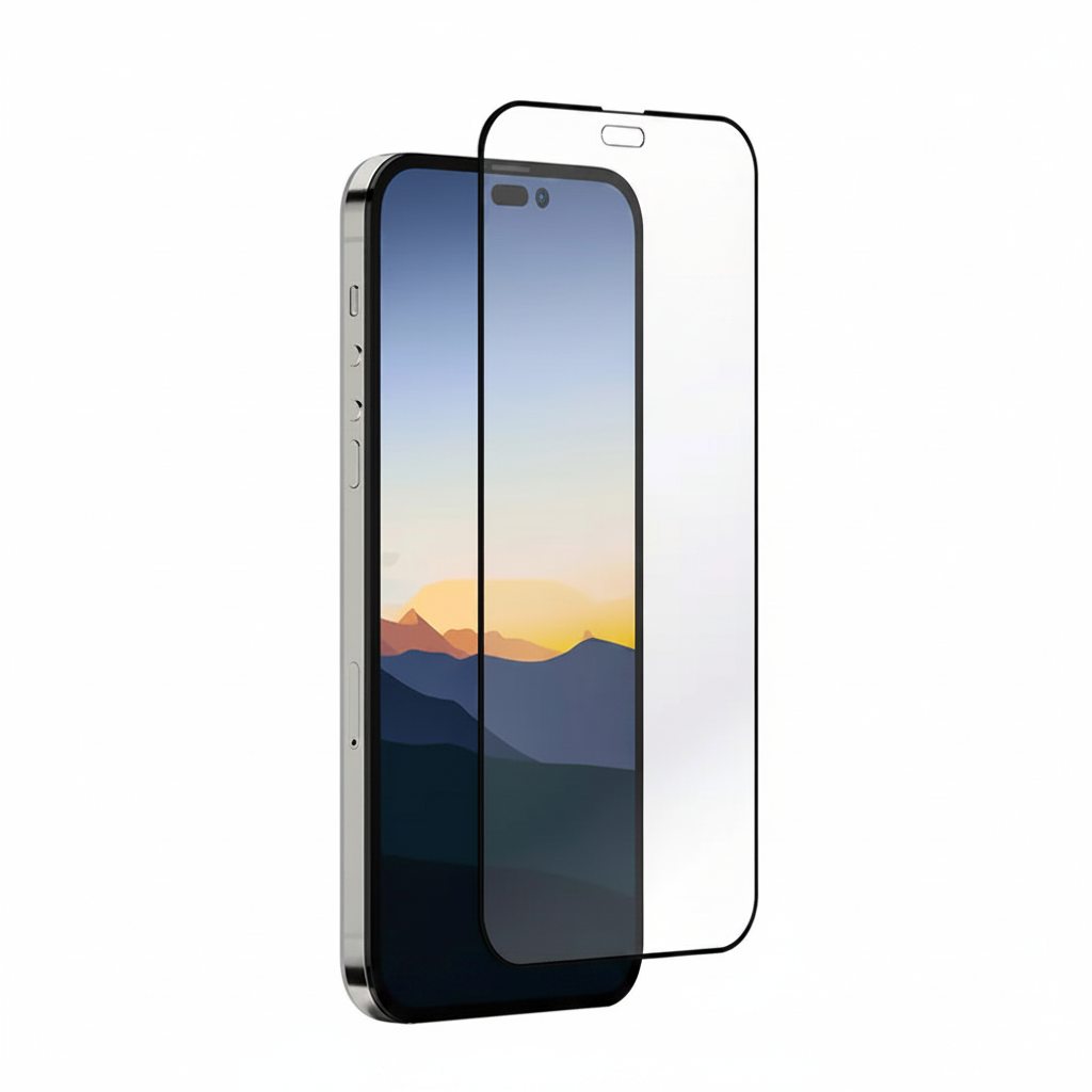 Schrägansicht des OKKES 3D Full Cover Panzerglas für iPhone 15 Pro Max – gebogene Kanten sichtbar