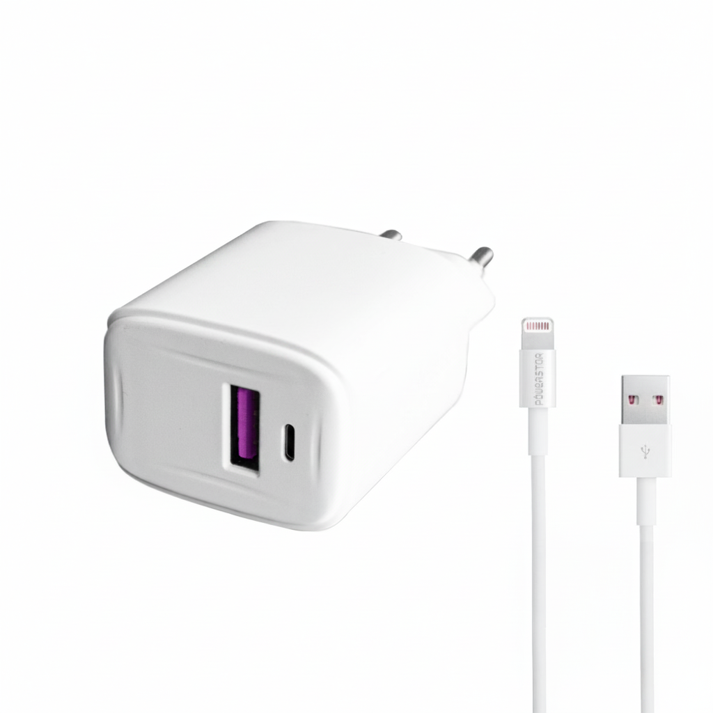 Powerstar Herkules 18W USB Ladegerät mit Lightning Kabel – weißes Schnelllade-Set für iPhone