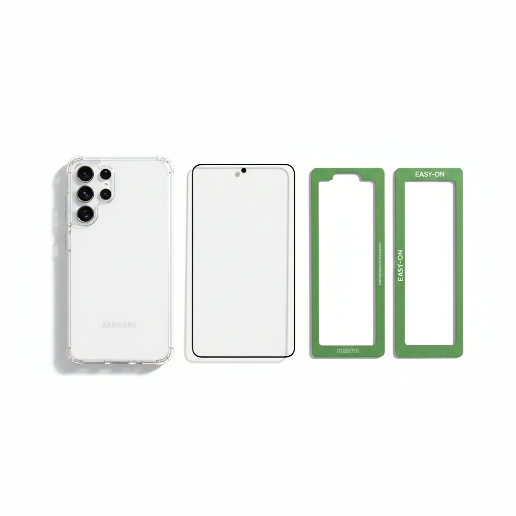 DISPLEX Real Glass + Case Galaxy S25 Ultra – Bundle Flat Lay mit EASY-ON Montagerahmen