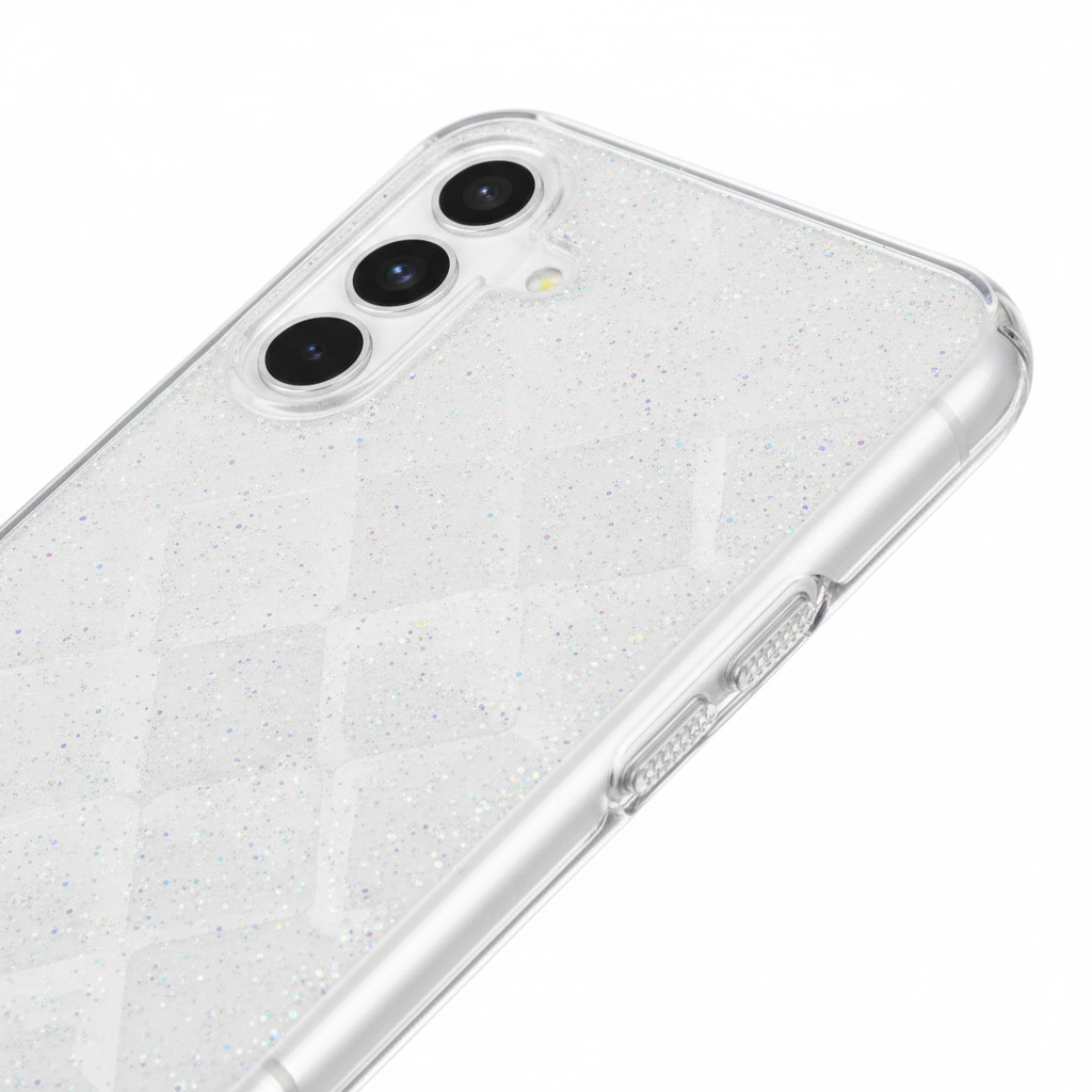 anco Shine Case – Detailansicht Glitzer-Textur und 2mm Rahmen