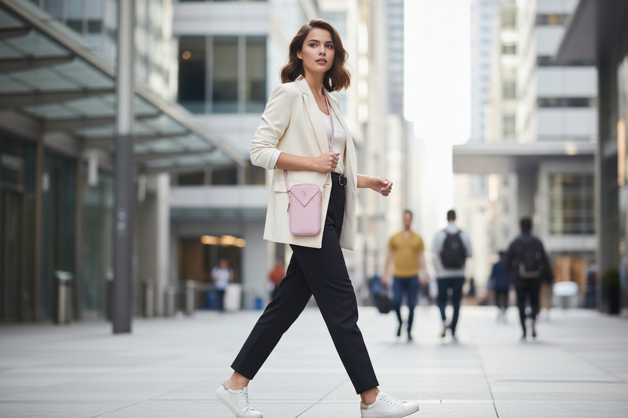 Frau trägt rosa Guess PU Grained 4G Phone Bag als Umhängetasche in der Stadt