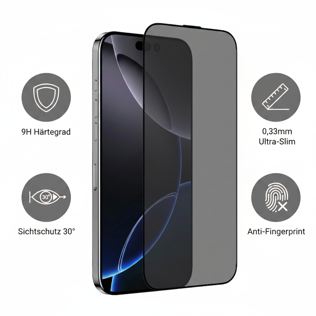 anco Privacy Glass iPhone – Features: 9H, Sichtschutz 30°, 0,33mm, Anti-Fingerprint