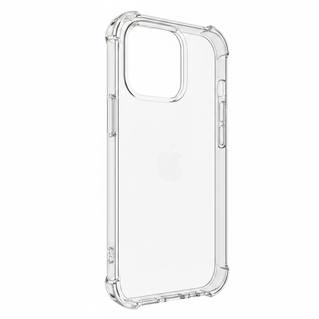 Schrägansicht der transparenten okkes JUMP PLUS Hülle für iPhone 16 Pro Max – schlankes Profil
