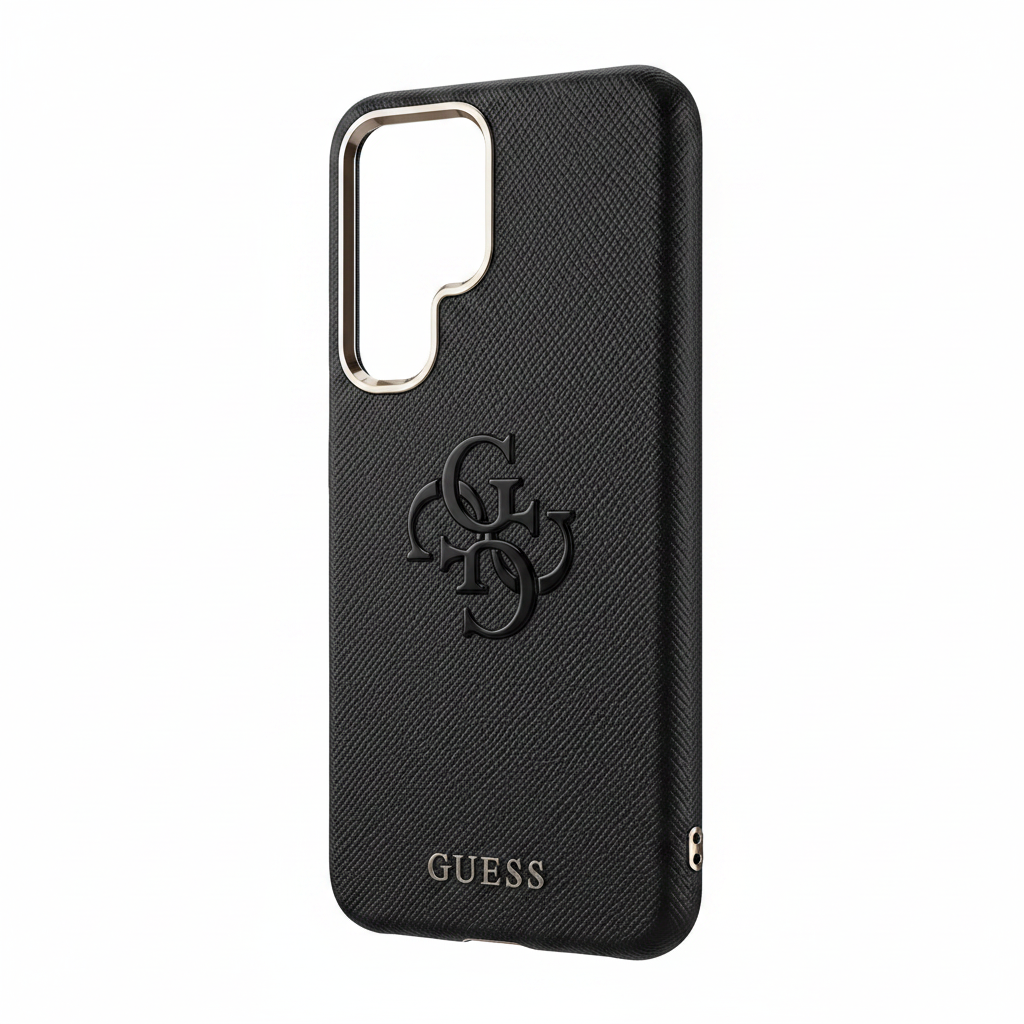 Guess PU Saffiano Case S26 Ultra Schwarz – Schrägansicht Saffiano-Muster schlankes Profil