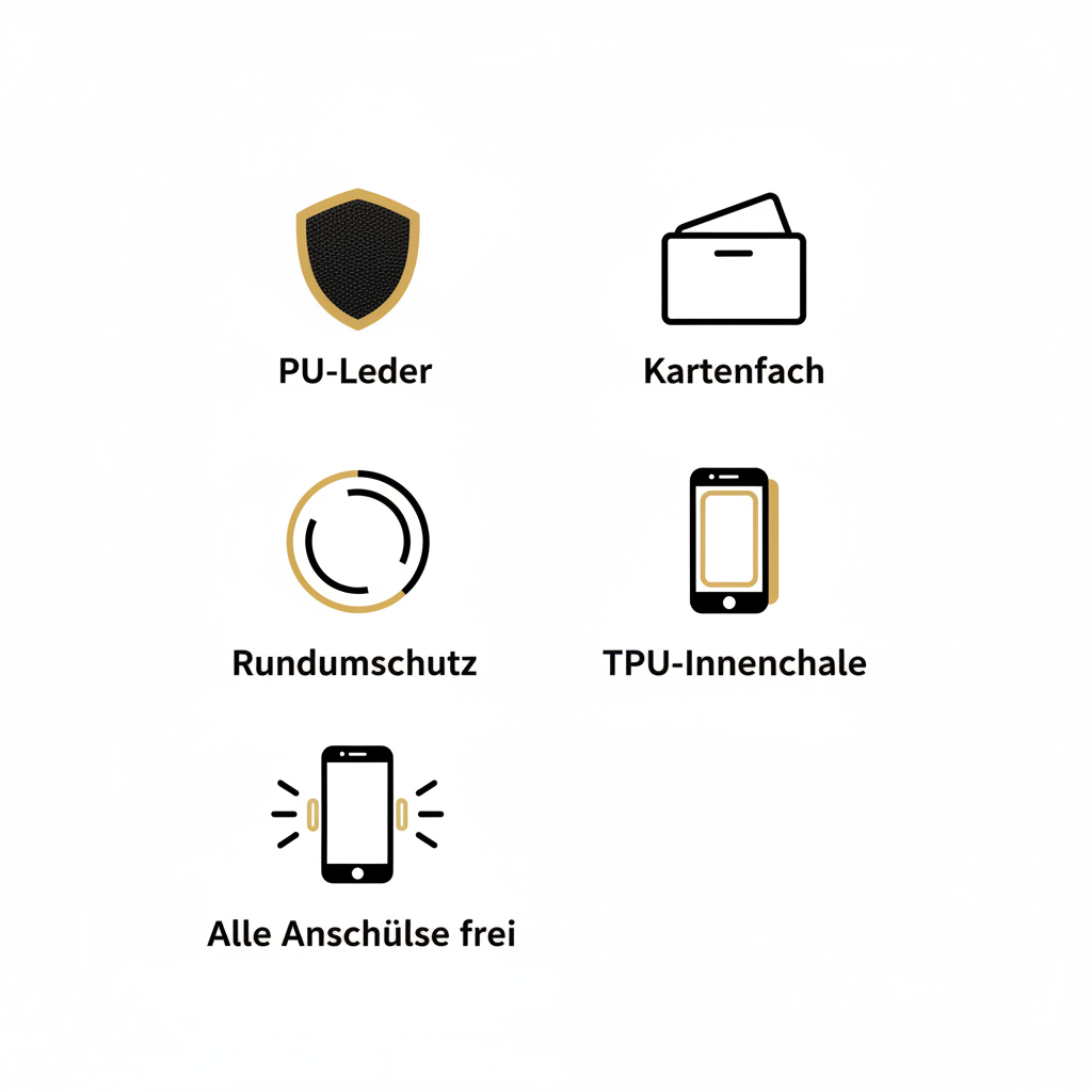 anco Bookcase Phoenix – PU-Leder, Kartenfach, Rundumschutz, TPU-Innenschale, alle Anschlüsse frei