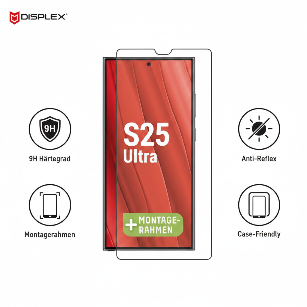 Displex Premium Glass Samsung S25 Ultra – Features: 9H, Anti-Reflex, Montagerahmen, Case-Friendly