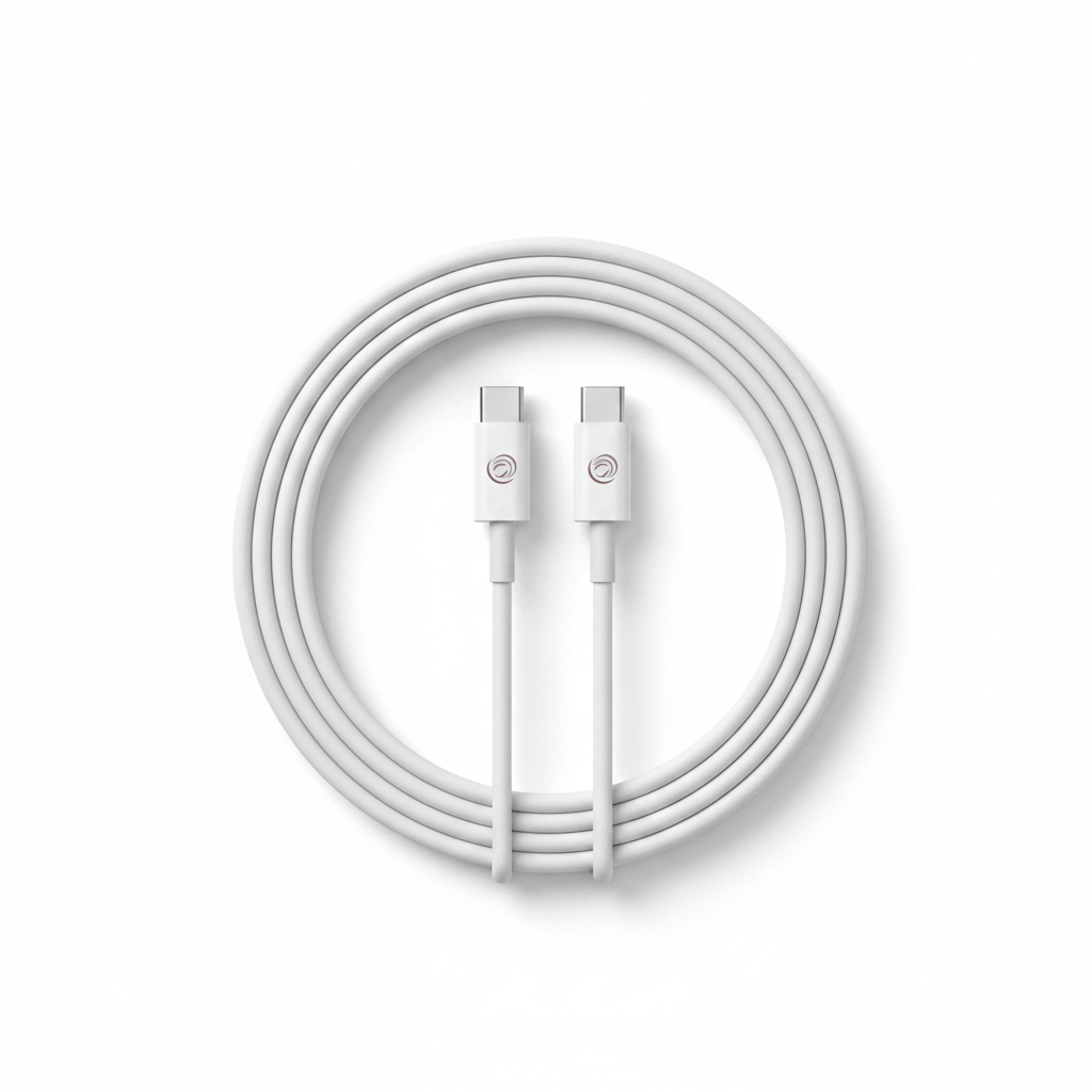 Weißes USB-C zu USB-C Kabel – Flat Lay aufgerollt