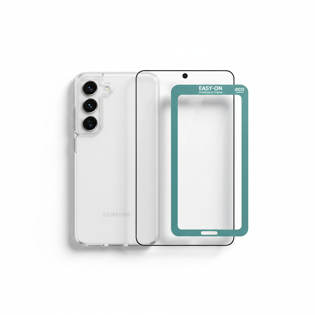 DISPLEX Real Glass + Case Galaxy S25 Edge – Bundle Flat Lay mit EASY-ON Montagerahmen