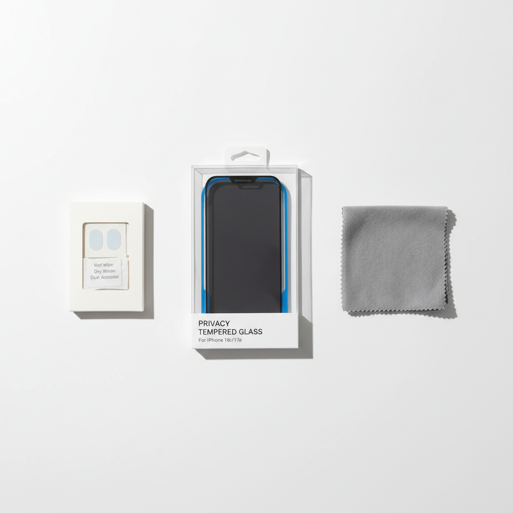 4smarts Second Glass Privacy iPhone 17e / 16e – Lieferumfang Flat Lay