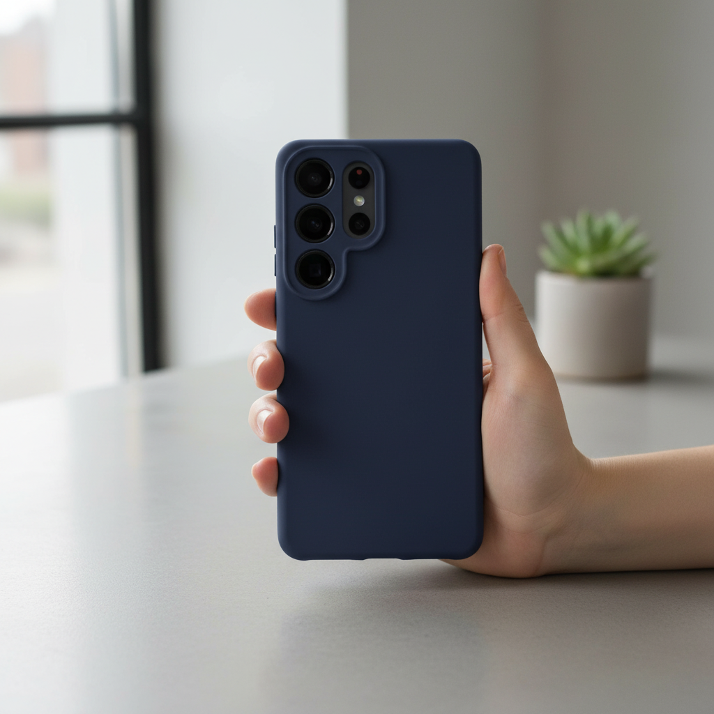 anco TPU Case S26 Ultra – Lifestyle Person hält Smartphone matte Rückseite sichtbar