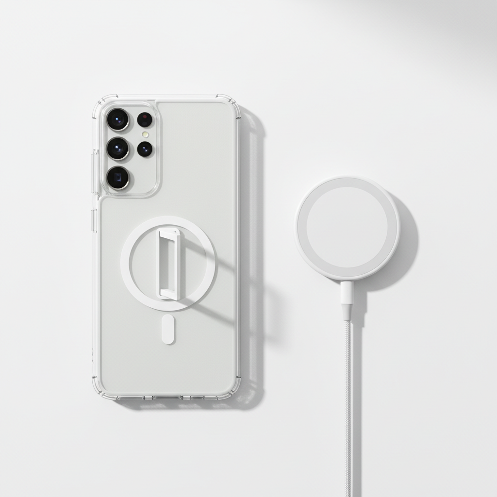 CARE Feature Case Galaxy S25 Ultra – Bundle Flat Lay mit MagSafe Ladegerät