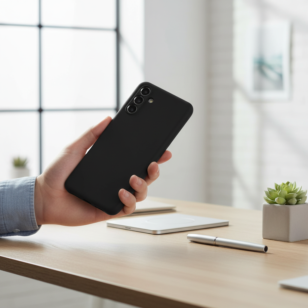 okkes Basic TPU Case S25+ – Lifestyle Rückansicht Hand hält Smartphone