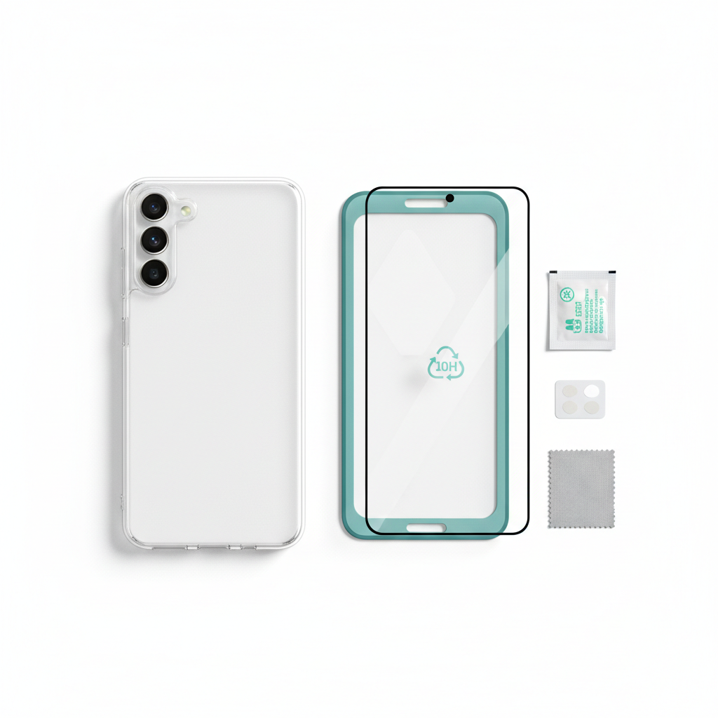 DISPLEX Real Glass + Case Galaxy S25 FE – Bundle Flat Lay mit EASY-ON Montagerahmen