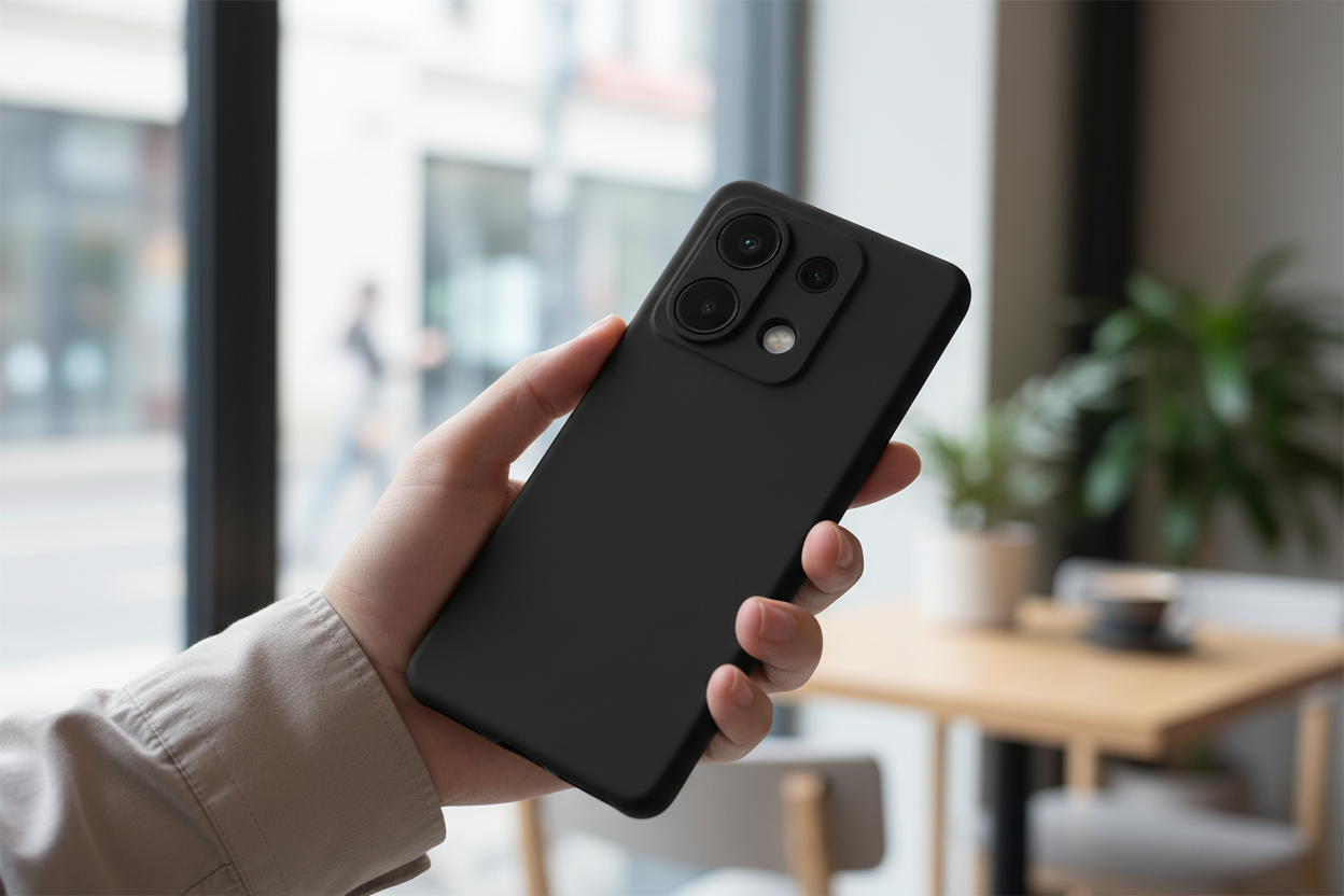 Xiaomi Redmi Note 13 5G mit schwarzer anco Dark Case Hülle in der Hand