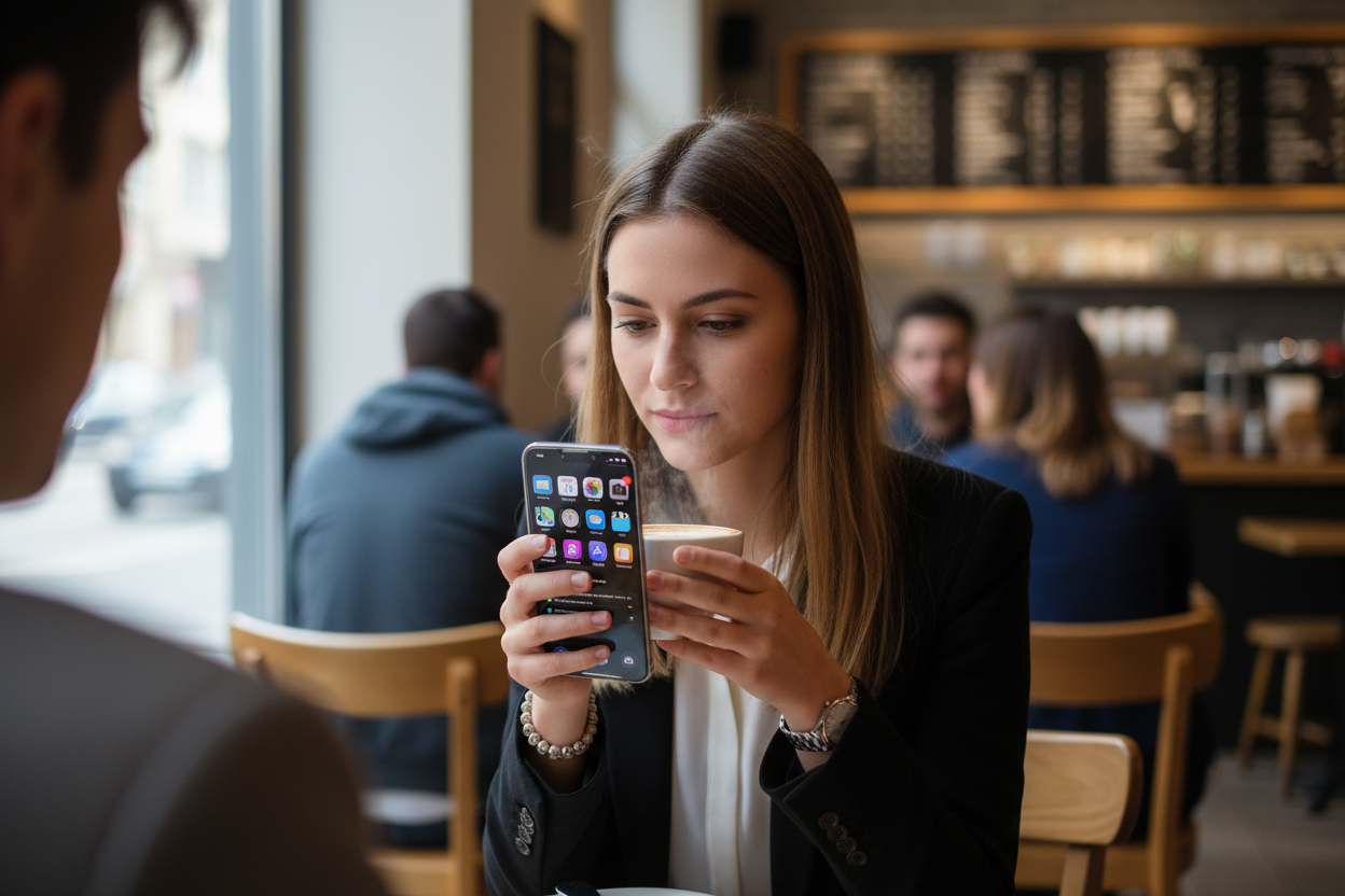 Person nutzt iPhone 14 Pro Max mit anco Anti-Spy Privacy Panzerglas im Café – seitlich nicht einsehbar
