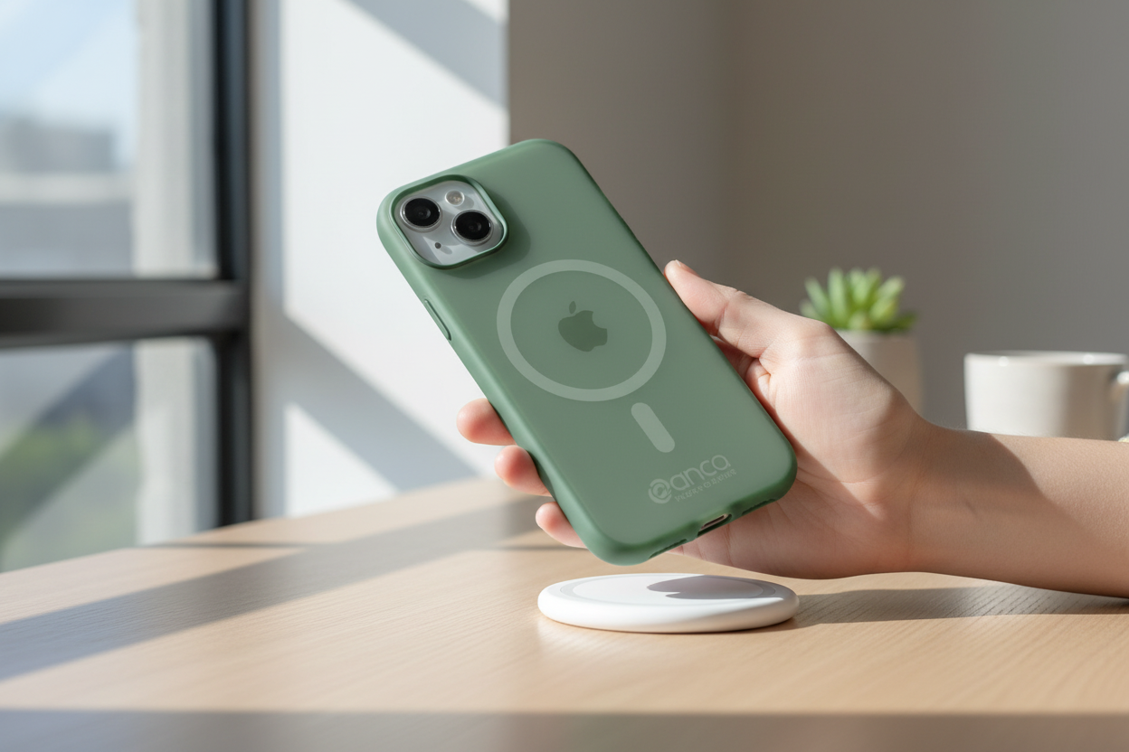 iPhone 14 mit anco Magnetic Protect Case Frost Grün wird an MagSafe Ladegerät befestigt