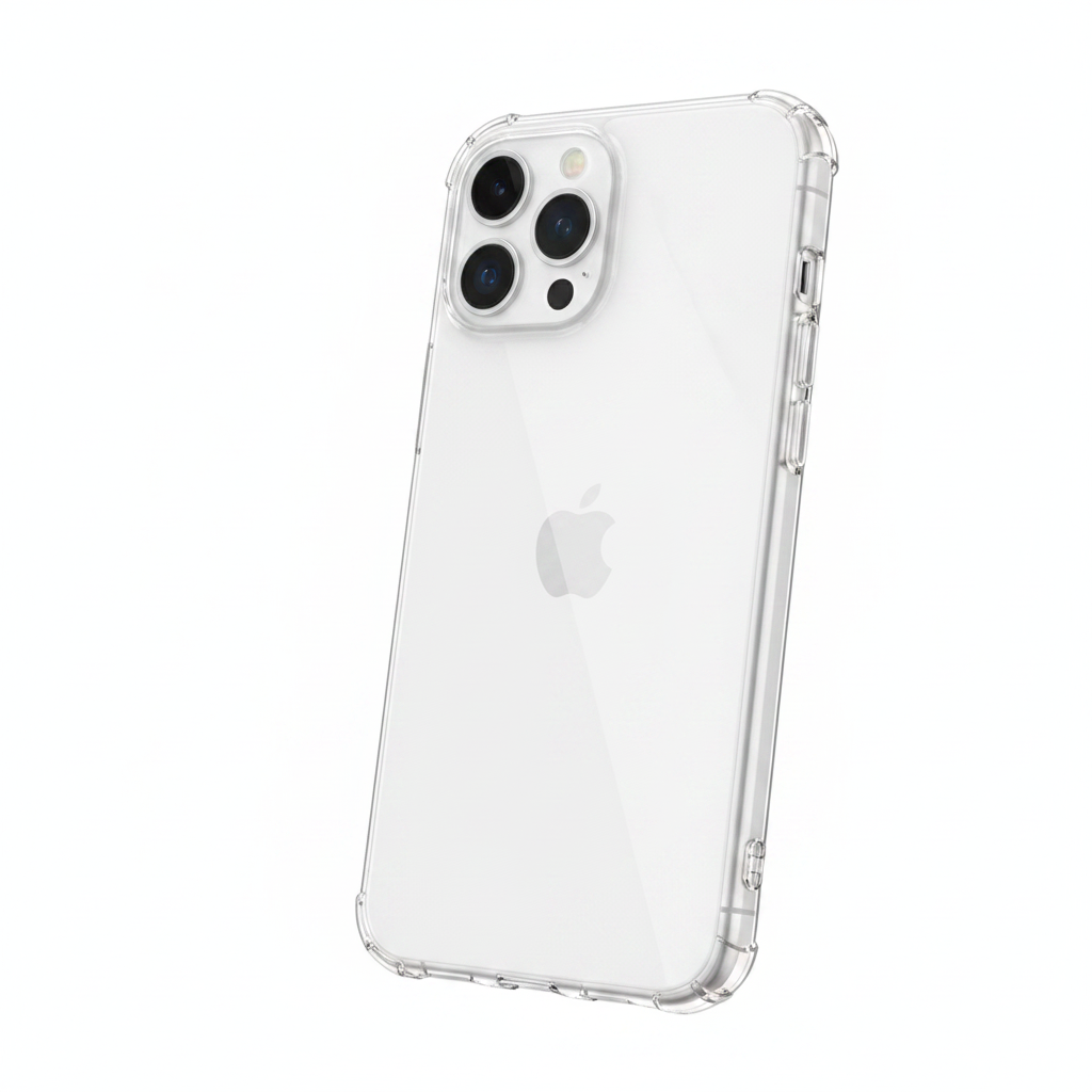 Transparente iPhone 14 Hülle von anco in 45-Grad-Ansicht – schlankes Design sichtbar